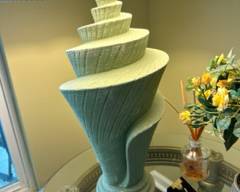 Vintage green shell lamp with pleated silky shade, 33"H, $25