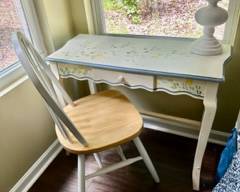 Handpainted 1-drawer dresser $125; Measures 3'W x 15.5"D x 28.5"H; Chair $25 (2 available)
