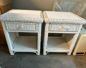 SOLD- Pair of coordinating White Wicker bedside tables, comes with glass top (not shown) $100 (SOLD)