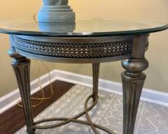 Wrought iron round side table with beveled tempered glass top, brushed pewter finish (matches coffee table), Dimensions: 28" round x 23"h $125
