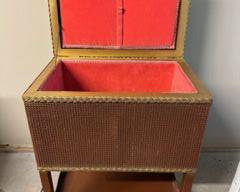 Vintage Lloyd Loom style Sewing Basket/Cart on Casters lined with red fabric $100