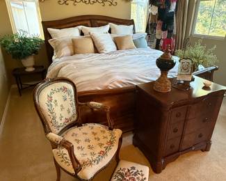 Beautiful Bedroom Furniture CalKing Bed, Antique Chair w/ Foot Stool