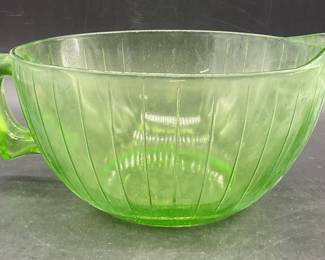 Vintage Ribbed Uranium Glass Handled Mixing Bowl