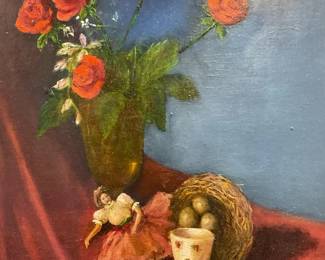 Doris Borst Still Life Flowers & Doll Oil Painting