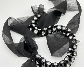 Chunky Bejeweled Black Ribbon Tie On Necklace
