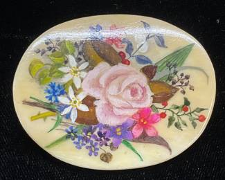 Vtg L Jan Hand Painted Floral Bone Brooch