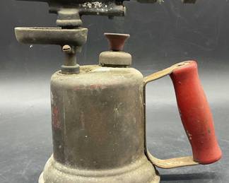 Vintage Metal Blow Torch W/ Red Wooden Handle