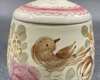 Signed Hand Painted Polish Ceramic Sugar Bowl, Lid