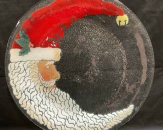 Signed Karr Art Glass Santa Crescent Moon Platter