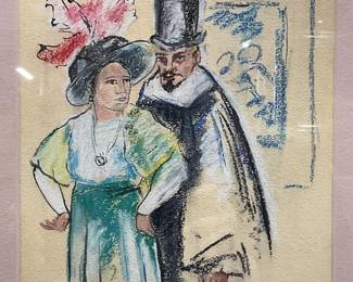 Framed Signed El Cafete Couple Pastel Drawing