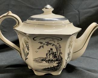 Sadler England Porc Teapot Lake Scene Silv Accents