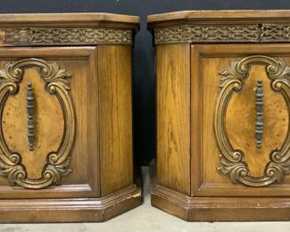 Pair Vintage Wood Veneer Side Tables W Cabinets