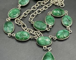 Natural Faceted Green Stone Sterling Silv Necklace