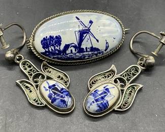 DELFT Porcelain Windmill Earrings & 835 Brooch Set