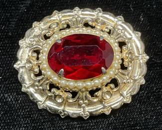 Vintage Coro Gold Tone Red Crystal Brooch