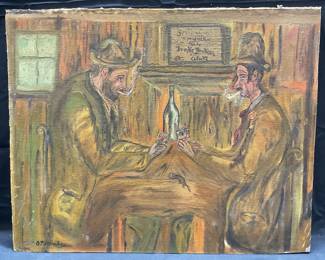 Signed Men Playing Cards Oil Painting