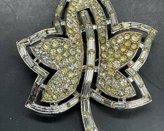 TRIFARI Signed Vintage Crystal Leaf Brooch