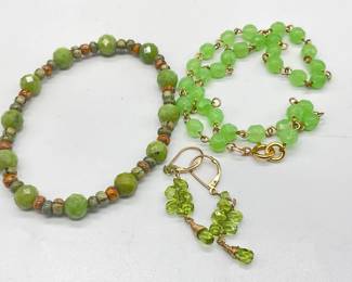 Lot 3 Vintage Green Crystal Jewelry, Necklace +