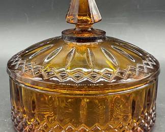 Vintage Cut Amber Glass Trinket Dish, Lidded