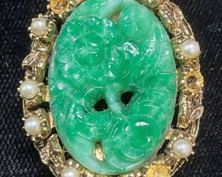 Vintage Gold Tn Faux Jade Pearl Brooch