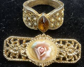 Lot 2 Gold Tone Floral Brooch & Crystal Ring