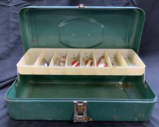 Lot 7 Vntg Metal Fishing Table Box & Fishing Lures