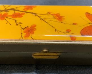 Vntg Gilt Metal Pill Bar Box W Enamel Lid