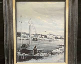 Framed Winter Harbor Scene Canvas Art Print