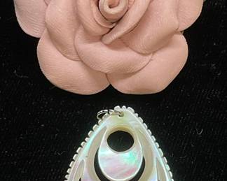 Vtg Ceramic Flower Brooch, MOP Pendant