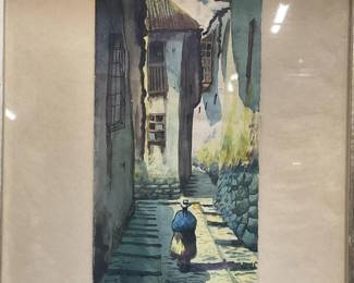 Framed Peruvian Street Scene Watercolor Painting