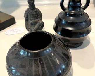 Signed Maris Nambe Black on black Indian "stone" pottery from Santa Fe New Mexico...perfect and beautiful!