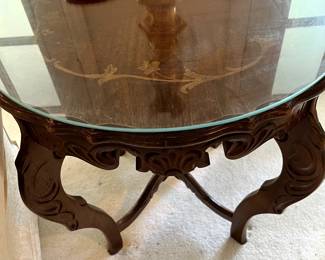 This gorgeous Walnut 19th Century ornate table is awesome!  Veneer design with red flowers on top, comes with glass protective round....just beautiful!