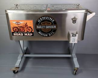 Genuine Harley Davidson Dual Sided Aluminum Rolling Cooler, Including Attached Bottle Opener, Handle, Tray Insert And Granite Sliding Cutting Board
