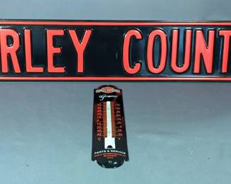 Harley Country Embossed Street Sign And Harley Davidson Genuine Enameled 12" Thermometer