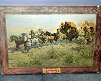 Budweiser Beer "Attack On The Overland Stage-1860" Wrapped Cardboard Bar Sign