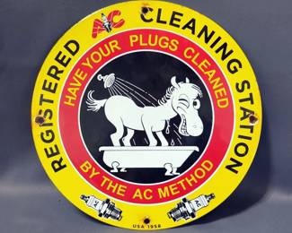 AC Spark Plug Cleaning Station Enamel Sign, Circa 1958