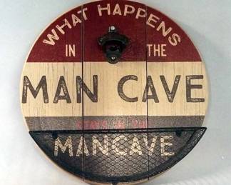 Man Cave Wall Mounted Bottle Opener With Bottle Cap Basket, 14"