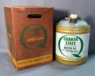Quaker State Super Blend Motor Oil 5 Gallon Can, Circa 1950-60s, Includes Original Quaker State Box