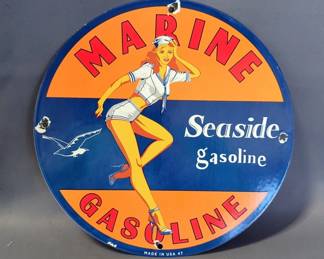 Marine Seaside Gasoline Enamel Sign, Made In USA 47