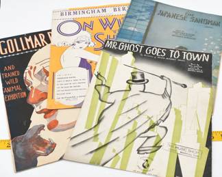 vintage sheet music and a 1922 program from Gollmar Brother's Circus
