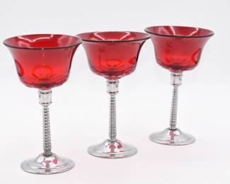 Set of 3 vintage Art Deco Style Chrome/Ruby Red glasses-approx 5 1/4" tall
