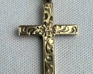 10K Yellow Gold Etched Petite Cross Pendant