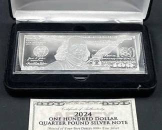 4oz Troy Silver Bar, $100 Bill, 2024 in Display