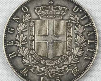 1873 Italy 5 Lire Coin, Large, Nice XF (KM 8.3)