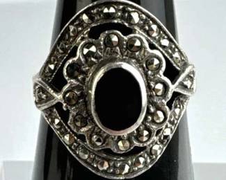 925 Silver Black Onyx Marcasite Ring