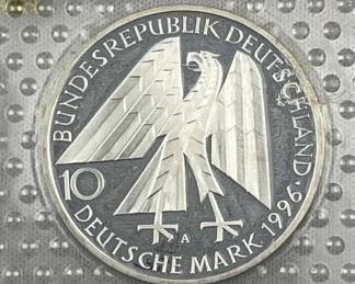1996 Silver Germany Proof 150th Anniv. 10 Mark