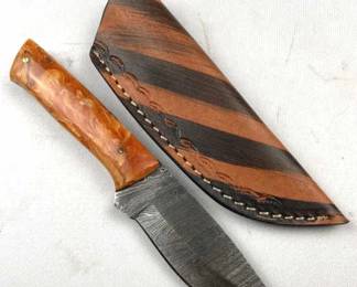 Damascus Steel Fixed Blade Knife, Repaired Hndl