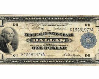 1918 $1 Federal Reserve Bank Note Dallas TX, F
