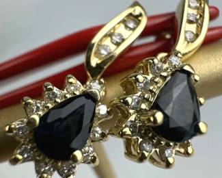 14K Yellow Gold Diamond & Sapphire Earrings
