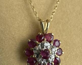 14K Gold Red Spinel & Diamond Pendant Necklace